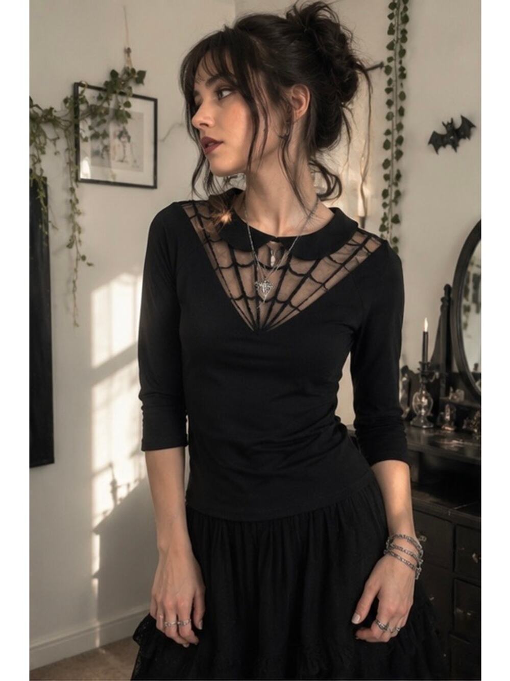 Unique Vintage Gothic Spider Web Top Peter Pan Collar Wednesday Addams Goth M